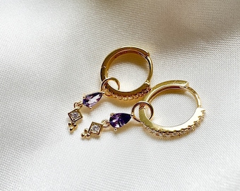 Dainty Amethyst CZ Dangle studded hoops, sterling silver cz hoop earrings, dangle hoop earrings, hoop huggies