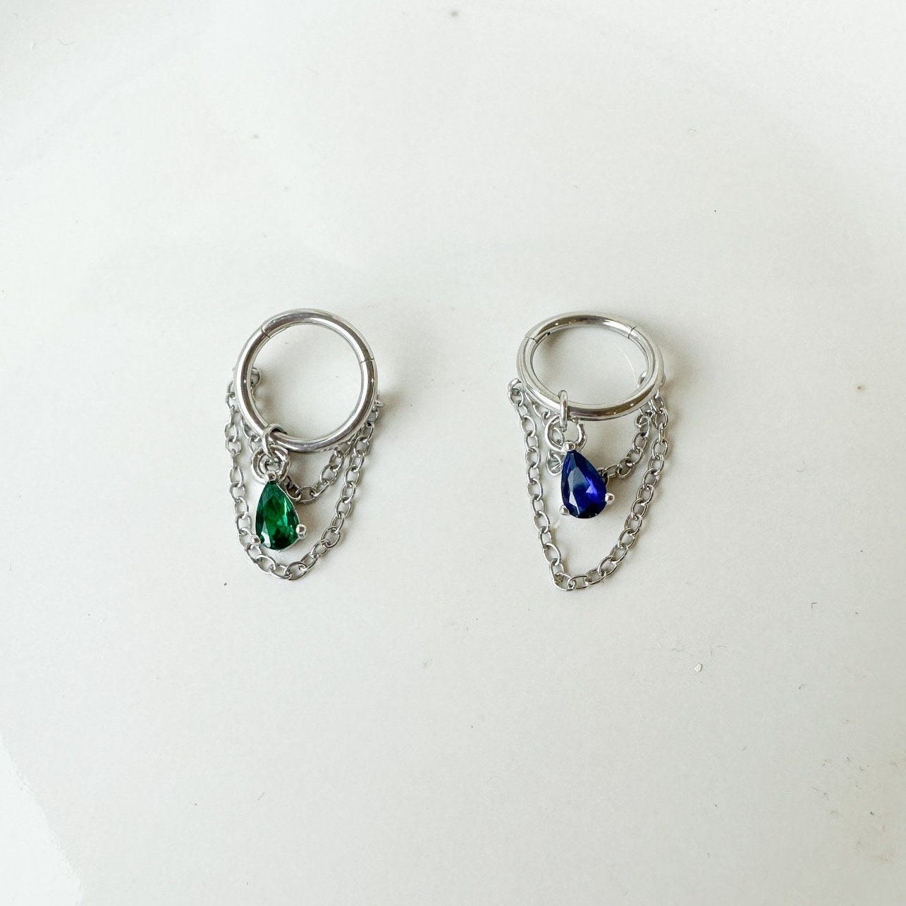 6mm-12mm Dainty Emerald Teardrop Double Chain Helix Piercing, hoop huggies, chain earrings, helix hoops, 16g 18g stainless