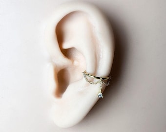Titanium hoop earring with drape chain and gem, waterproof cartilage helix and conch piercings, hypoallergenic, lylia