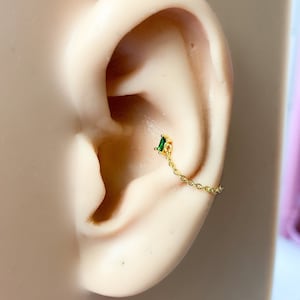 Dainty Emerald 18kt Gold Sterling Silver Chain Baguette CZ conch piercing, cartilage piercing, conch hoop, chain earrings