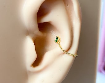 Dainty Emerald 18kt Gold Sterling Silver Chain Baguette CZ conch piercing, cartilage piercing, conch hoop, chain earrings