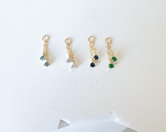 18kt Gold Plated Dainty Double Emerald CZ Charm Chain Dangle Helix Hoop Charm, sterling silver Charms, Titanium Hoops, cartilage piercing