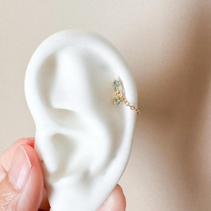 Dainty Double Chain Moss Agate Helix Piercing, cartilage piercing, hoop huggies, body piercing, chain earrings, helix hoops, minimalist