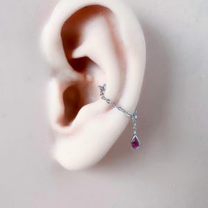 Dainty Titanium Pink Ruby CZ silver chain conch piercing, cartilage piercing, conch hoop, chain earrings, helix piercing, F136 titanium