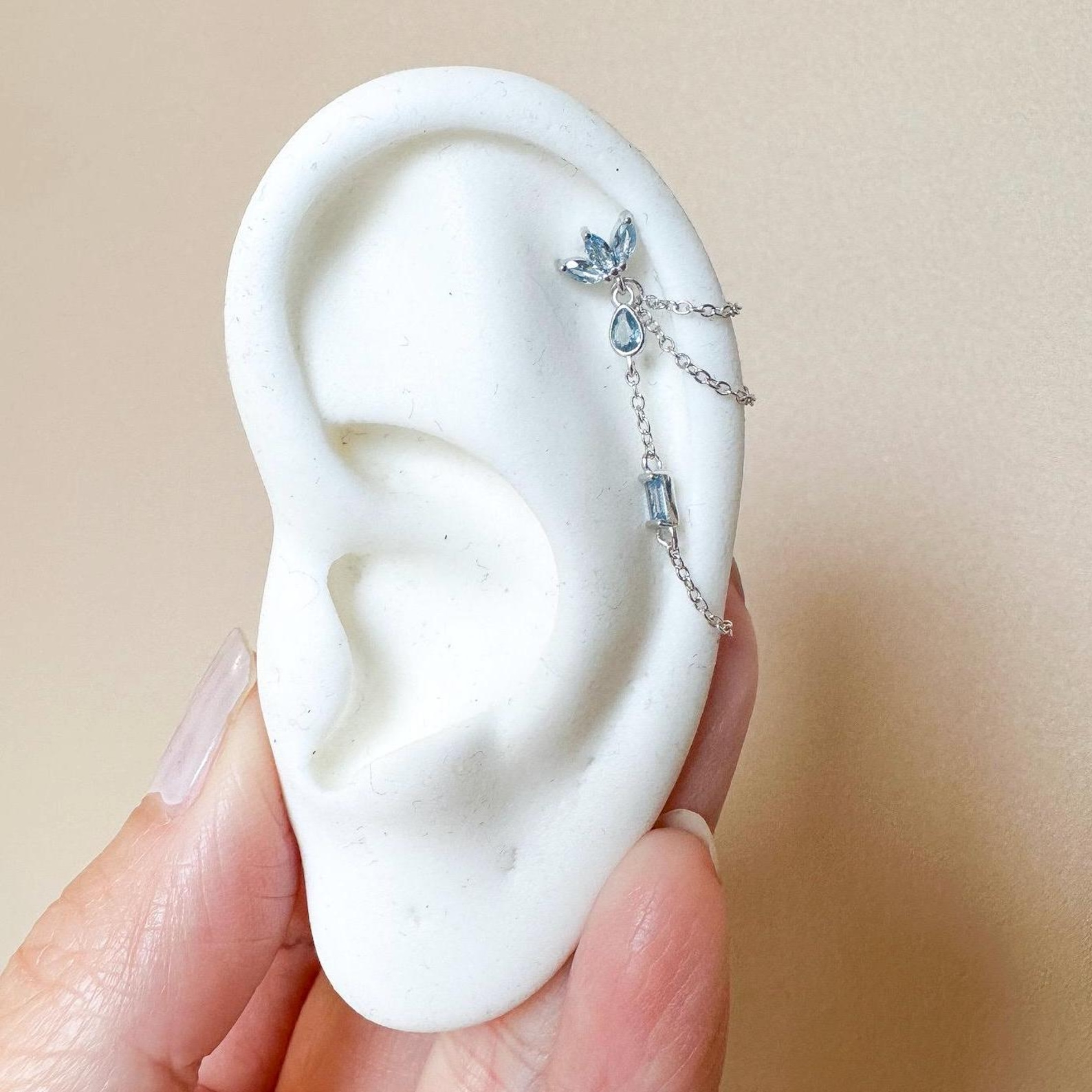 Dainty Triple Chain Dusty Blue CZ Helix Piercing 20g, cartilage piercing, hoop huggies, body piercing, chain earrings, helix hoops