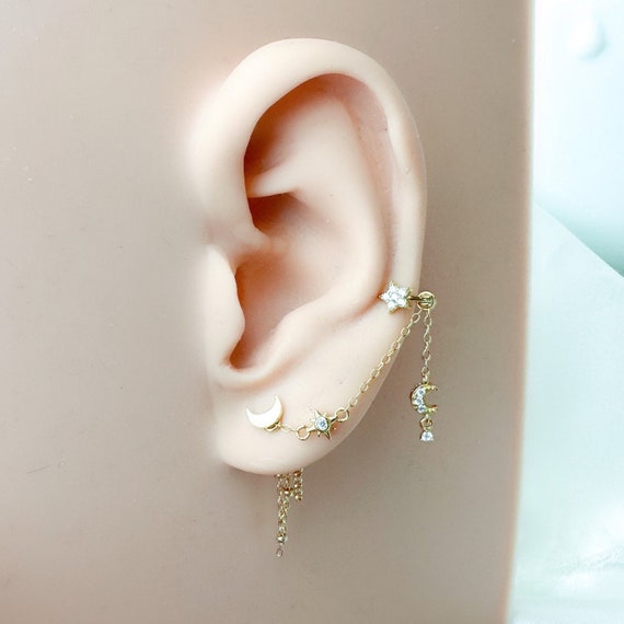 繊細な月と星のインダストリアルバーベルチェーン（ピアス用のみ