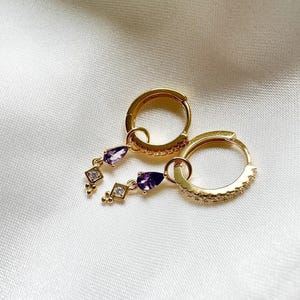 Delicati orecchini a cerchio pendenti con ametista e zirconi, orecchini a cerchio in argento sterling con zirconi, orecchini a cerchio pendenti, orecchini a cerchio a cerchio
