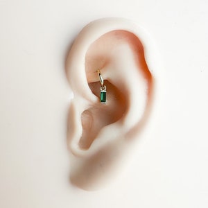 16g 18g Dainty Emerald CZ Bar sterling silver, 18k gold plated rook hoop, rook huggie, hoop huggies, cartilage piercing, cartilage earrings