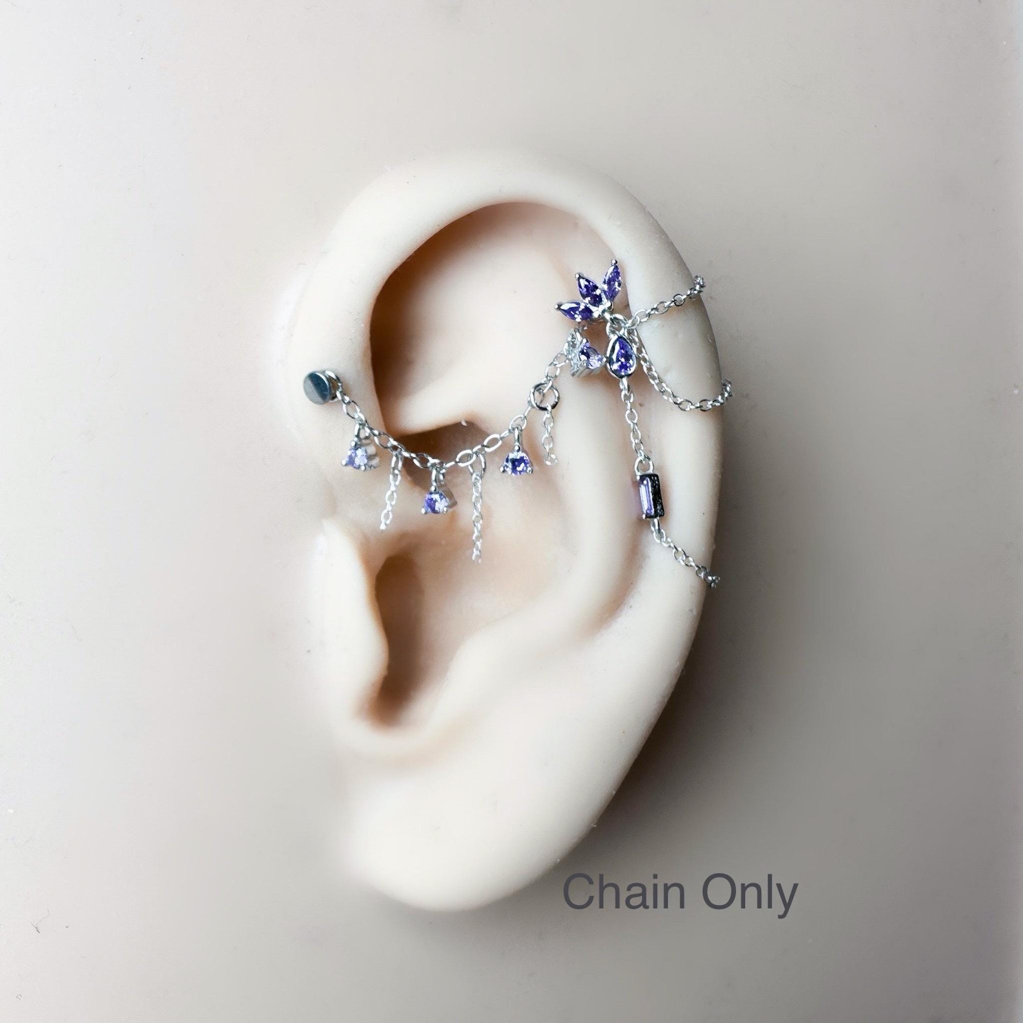 Dainty Industrial Barbell Amethyst Flutter Chain (only) for Piercing, Helix Chain Piercing, Chain Earring, Conch Chain Piercing 14g, 16g