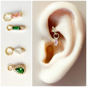 Dainty Emerald Hoop Charm, sterling silver, 18k gold plated rook hoop, rook huggie, hoop huggies, cartilage piercing, helix hoop charm