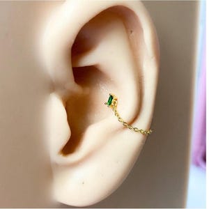 Dainty Emerald 18kt Gold Sterling Silver Chain Baguette CZ conch piercing, cartilage piercing, conch hoop, chain earrings