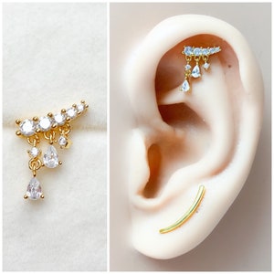Dainty Cascading Drop Bar Piercing, sterling silver, 18k gold plated flat piercing, helix piercing, cartilage piercing, piercing