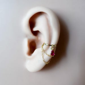 Niet-piercing clip-on oormanchet, sierlijk roze robijn CZ druppelvormig dubbel ketting helix piercing, kraakbeenpiercing, conch ringen, conch clip-on