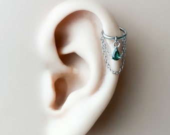 6mm-12mm, Dainty Emerald Teardrop Double Chain Helix Piercing, cartilage piercing, hoop huggies, helix hoops, 16g 18g stainless