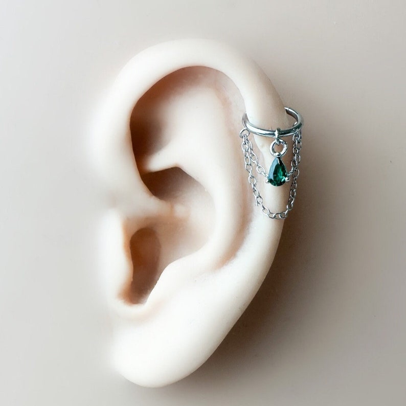 6mm-12mm, Dainty Emerald Teardrop Double Chain Helix Piercing, cartilage piercing, hoop huggies, helix hoops, 16g 18g stainless image 1