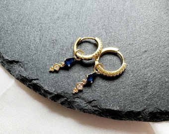 Minimalist Sapphire CZ Dangle studded hoops, sterling silver cz hoop earrings, dangle hoop earrings, hoop huggies