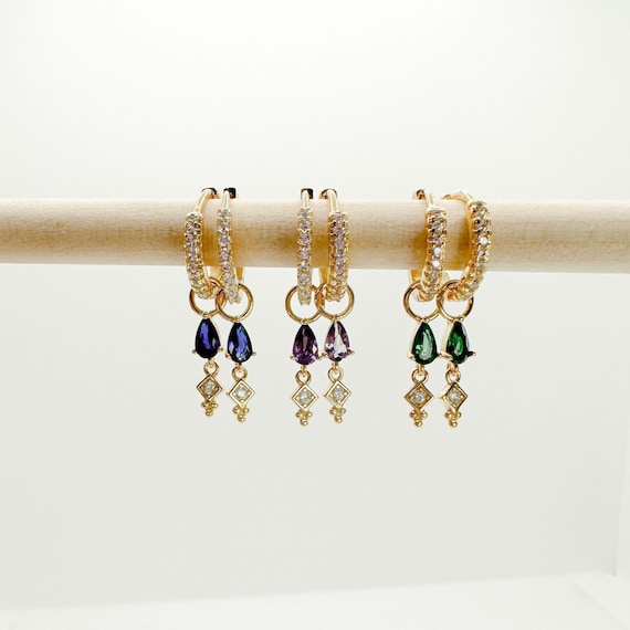 Minimalist Sapphire Emerald Amethyst CZ Dangle studded hoops, sterling silver cz hoop earrings, dangle hoop earrings, hoop huggies