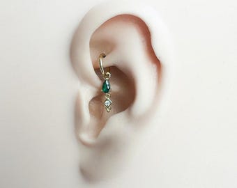 16g 18g 6mm dainty emerald dangle hoop charm, sterling silver, 18k gold plated rook hoop, hoop huggies, cartilage piercing, helix hoop charm