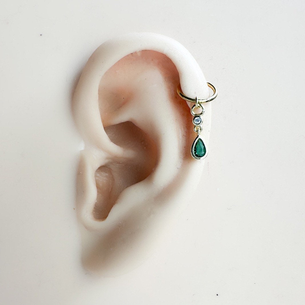 Dangle Hoop Rook Earing 16G 18G Emerald CZ Dangle Titanium Cartilage Hoop Earrings, Rook Huggie ...