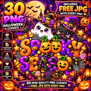 Pacchetto di 30 clipart PNG per Halloween, grafiche spettrali per la stagione (download digitale)