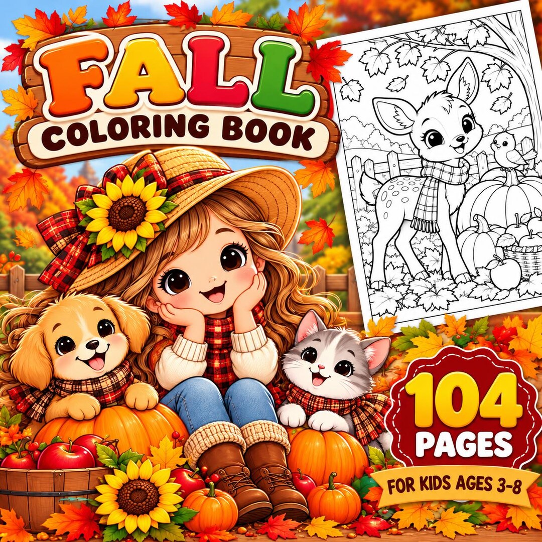 104-page Fall Coloring Book for Kids, Autumn Animals, Pumpkins (digital ...