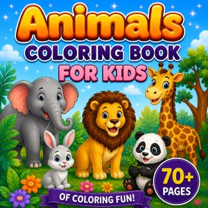 Könnte beinhalten: Ein Malbuch für Kinder mit dem Titel Animals Coloring Book For Kids und dem Text 70+ Pages Of Coloring Fun! Das Cover zeigt einen Zeichentrick-Elefanten, ein Kaninchen, einen Löwen, einen Panda und eine Giraffe in einem grünen Wald.
