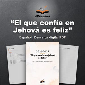 Könnte beinhalten: Ein digitales PDF-Notizbuch für 2026-2027 mit dem Titel "El que confía en Jehová es feliz" und dem JWnotebook-Logo. Das Set enthält ein Deckblatt mit sanftem Aquarell-Design sowie zwei Innenseiten mit einem Programmplan und linierten Feldern.