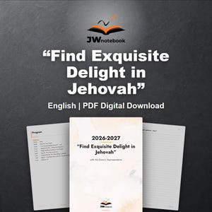 以下が含まれることがあります： 2026-2027年版のデジタルPDFノートブックで、タイトルは「Find Exquisite Delight in Jehovah」です。表紙は柔らかな水彩画風のデザインで、内側のページにはプログラムと罫線入りの筆記スペースが含まれています。JWnotebookのロゴが表示されています。