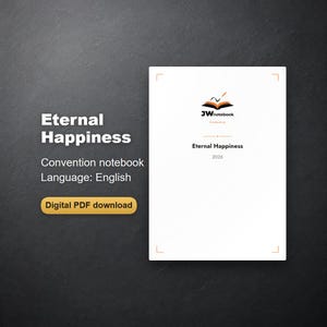 Könnte beinhalten: Ein weißes, rechteckiges Notizbuch-Cover mit dem Text Eternal Happiness 2026 und einem Logo mit einem offenen Buch und einem Stift. Links steht der Text Eternal Happiness, Convention notebook, Language: English, Digital PDF download.