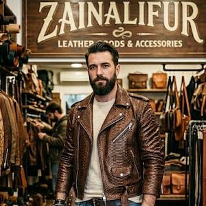 Men's Luxury Brown Python Texture Leather Biker Jacket - Handcrafted Leather Moto Coat