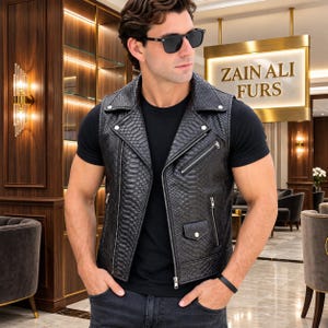 Men's Snakeskin embossed Leather Biker Vest, Black Python Print Moto Waistcoat