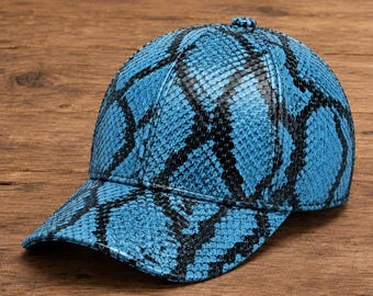 Luxury Sky Blue Snake Print Leather Baseball Cap, Handmade Black and Blue Adjustable Hat