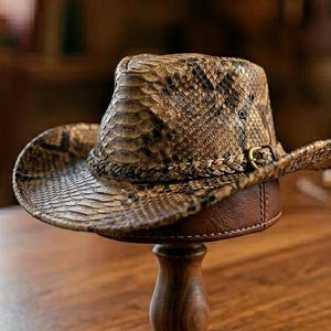 May include: A cowboy hat featuring a textured brown and black snakeskin pattern. The hat includes a braided band around the base of the crown, a small metallic buckle detail, and ventilation eyelets on the sides of the crown for airflow.