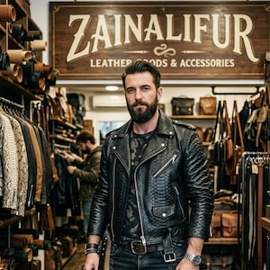 May include: A black leather motorcycle jacket with a textured snakeskin pattern, featuring silver-tone metal zips, a notched lapel, and a belted waist. The jacket is worn over a dark patterned shirt, with a brown leather belt and a metal wristwatch.