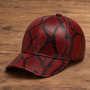 Red Python Snakeskin Baseball Cap, Handmade Exotic Leather Hat, Black Cap Luxury Streetwear Gift