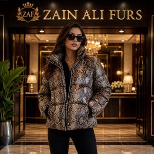 Snakeskin Print Leather Puffer Jacket for Women  Winter Coat, Demen leder- jacke