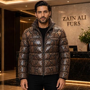 Men's Python Snakeskin Leather Puffer Jacket Faux Fur Hood