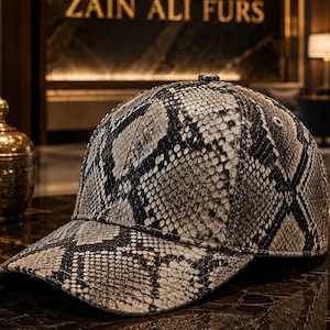 Puede incluir: Una gorra de béisbol con un patrón detallado de piel de serpiente en negro, blanco y gris. La gorra tiene una corona estructurada, una visera curva y un pequeño botón en el centro superior. El material texturizado cubre todo el exterior.