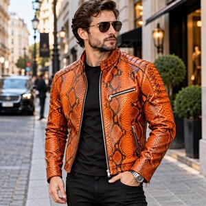 Men’s Orange Python Leather Jacket, Exotic Snakeskin Biker Jacket, Leder Jacken Herren