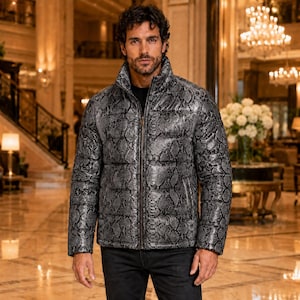 Men's Gray Black Python Leather puffer jacket – Exotic Snakeskin LederJacke Herren