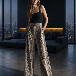 Luxury embossed Python Leather Pants for Women, High Waisted golden Snakeskin