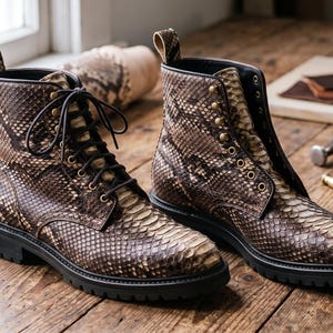Stivali in pelle di pitone: marrone chiaro naturale, stringati, fatti a mano, scarpe esotiche