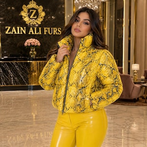 Yellow Snakeskin Leather Puffer Jacket for Women | Handmade Genuine Leather Winter Coat