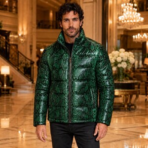 Doudoune en cuir imprimé python vert pour homme, manteau d'hiver à motif peau de serpent, vestes en cuir pour hommes