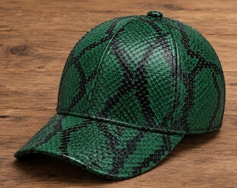 Snake Print Leather Baseball Cap, Handmade Black and Green Adjustable Hat