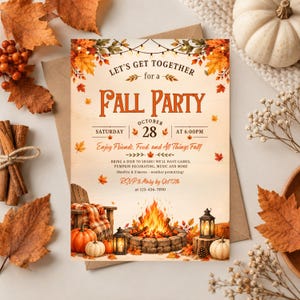May include: A Fall Party invitation card featuring orange text, autumn leaves, string lights, a campfire, pumpkins, and lanterns. The text reads: Let's Get Together for a Fall Party, Saturday October 28 at 6:00PM, Enjoy Friends, Food, and All Things Fall!, RSVP to Mary by Oct 12th at 123-456-7890.