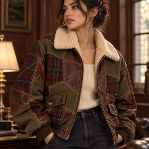 Patchwork Leather Bomber Jacket, Brown Olive Plaid Panels, Shearling Collar, Vintage Winter Aviator