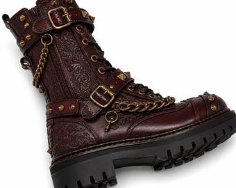 Gothic Combat Boots | Burgundy Leather Skull Emboss | Brass Chain Stud Buckle | Steampunk Dark Alternative