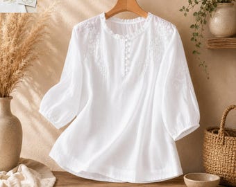 Damblus med broderad bomull, boho-topp, vit puffärm, lös passform, sommargåva