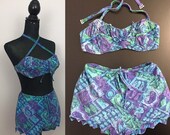 Vintage 1950s 1960s 2 piece swimsuit with zigzag pirate trim bottoms